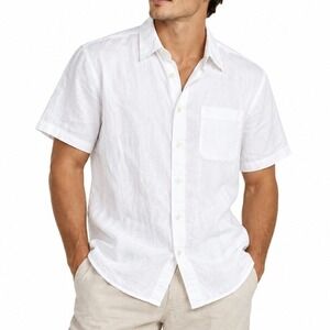 Gachu Shirt Mens L White Linen Short Sleeve Button Up Tonal Stripe Sustainable